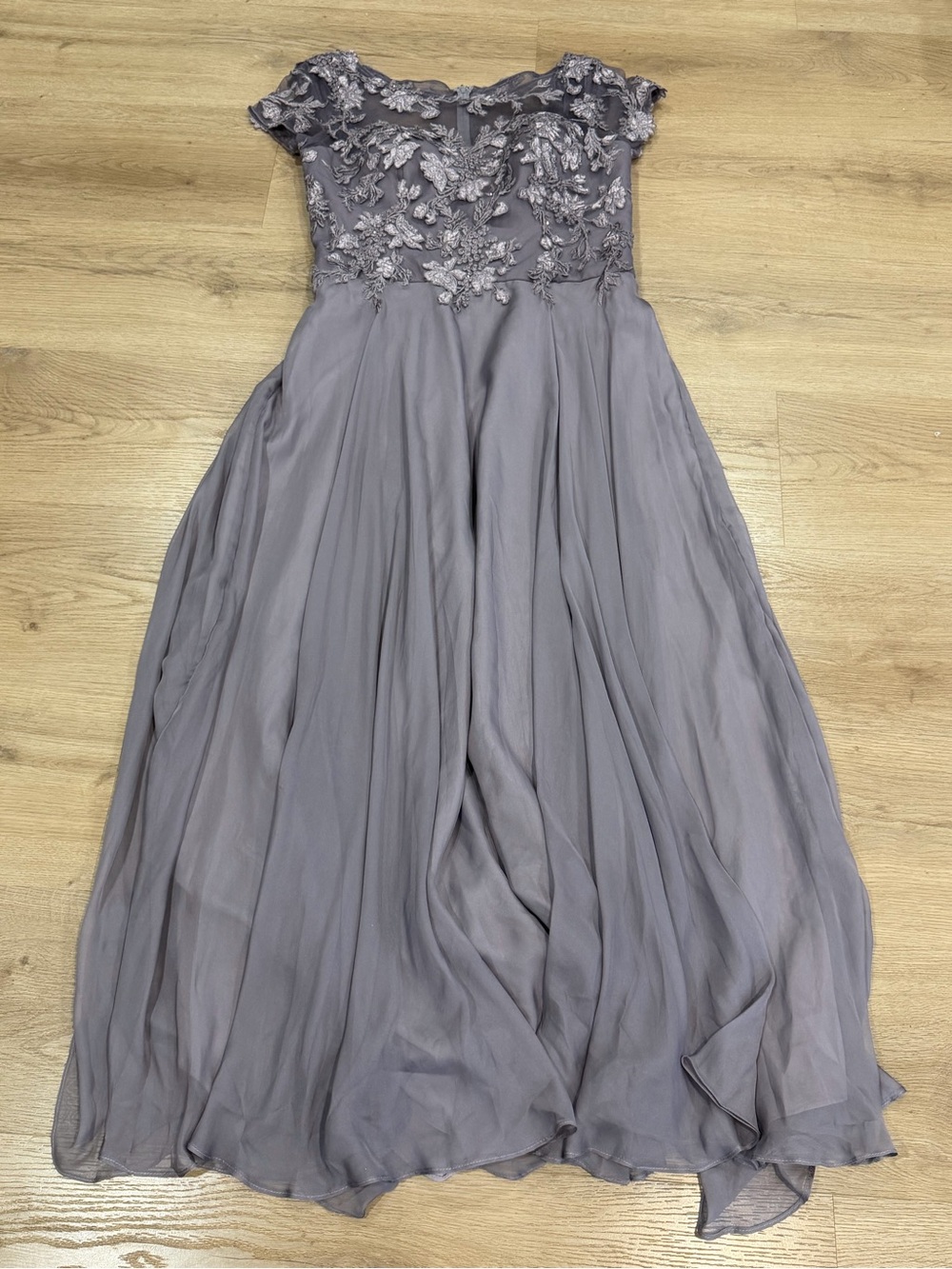 La Femme Lavender Gray Chiffon Applique Off-Shoulder Gown